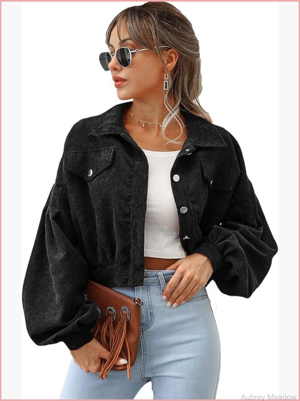 Cropped Corduroy Jacket Loose Button Down Puff Sleeve Shacket Coat Womens